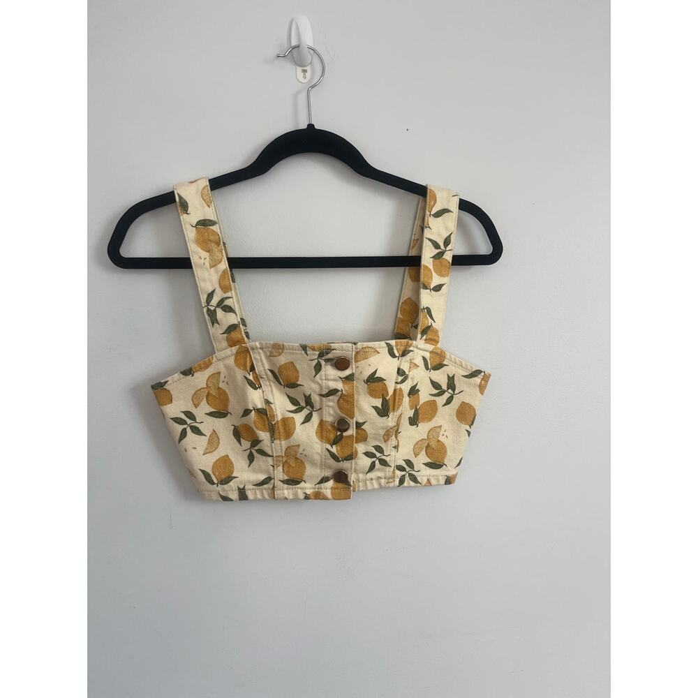 Reformation Crop Top Women XS Yellow Lemon Print‎ Denim Corset Button